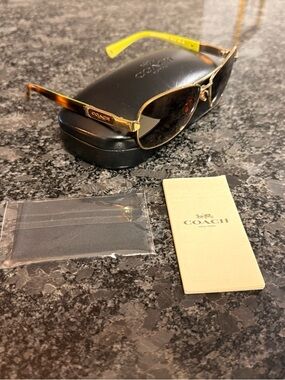 Coach Gold Aviator Sunglasses with Tortoise Shell and Lime Green Accents